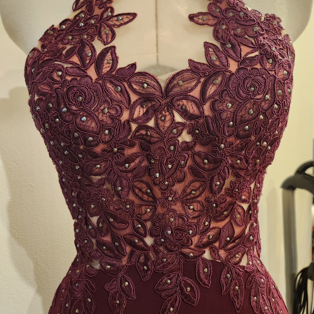 Faviana Burgundy Floral Lace Prom Dress